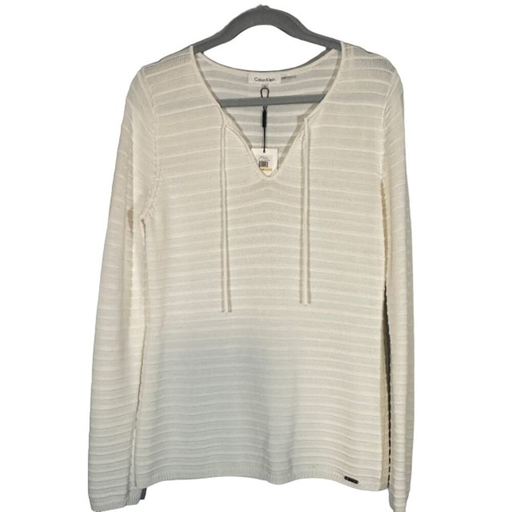 Calvin Klein White Striped Long Sleeve V-Neck Casual Knit Blouse Women Sz M